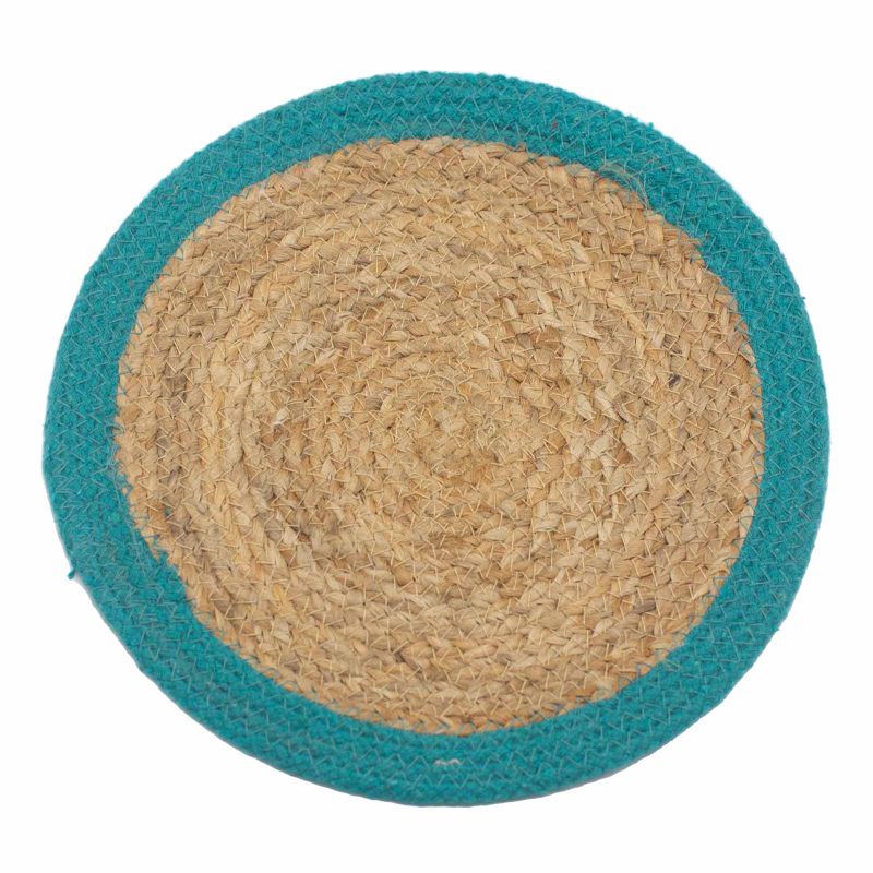 Natürliches Tischset – Jute und Baumwolle 30 cm – blaugrüner Rand