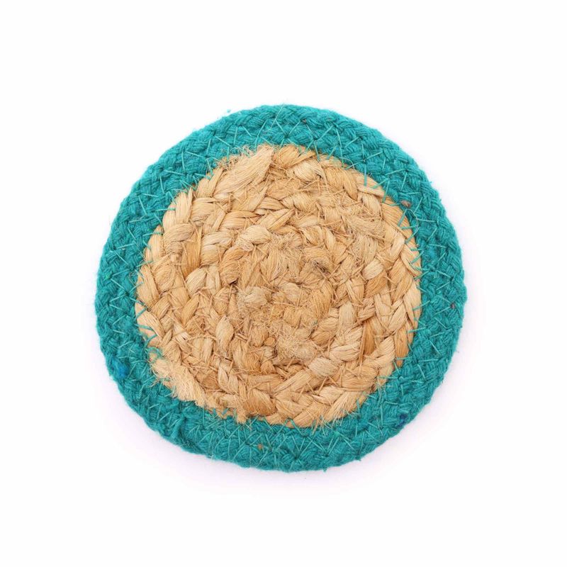 Natürlicher Untersetzer – Jute und Baumwolle, 10 cm (4er-Set) – blaugrüner Rand