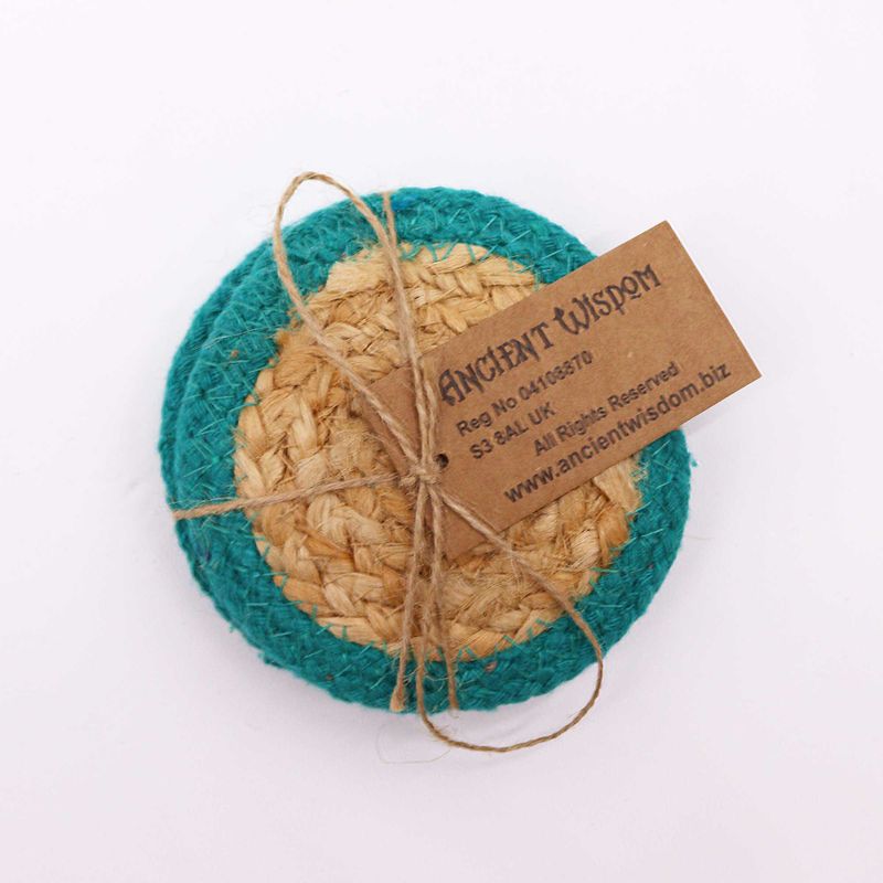 Natürlicher Untersetzer – Jute und Baumwolle, 10 cm (4er-Set) – blaugrüner Rand