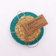 Natürlicher Untersetzer – Jute und Baumwolle, 10 cm (4er-Set) – blaugrüner Rand
