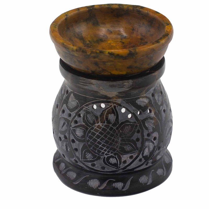 Speckstein-Ölbrenner 10 cm – Mandala-Blume – Schwarz und Gelb