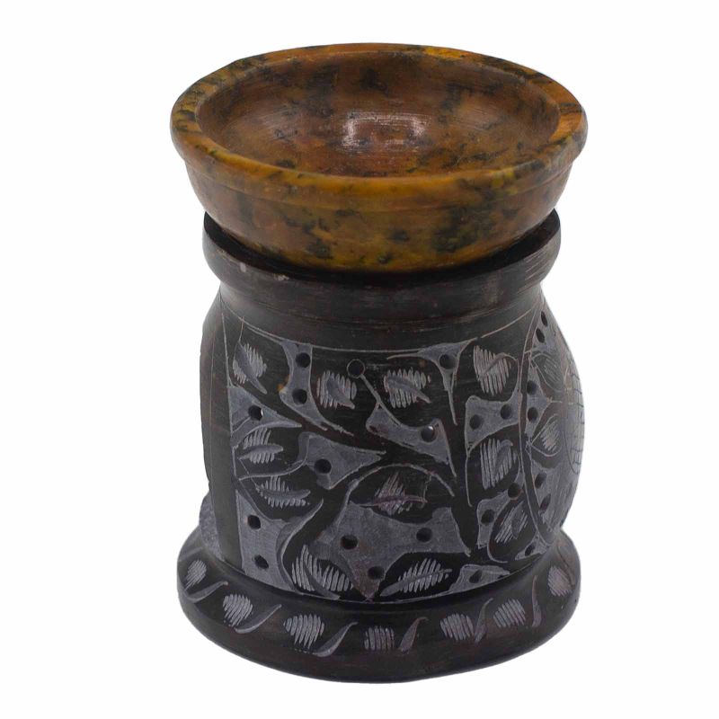 Speckstein-Ölbrenner 10 cm – Mandala-Blume – Schwarz und Gelb