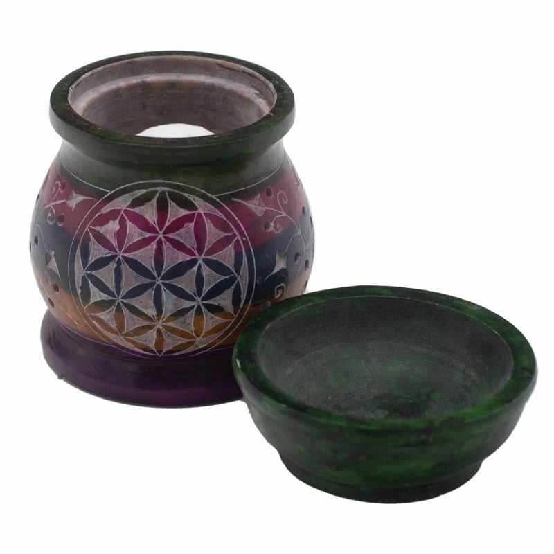 Speckstein-Ölbrenner 10 cm – Blume des Lebens – fünf Farben