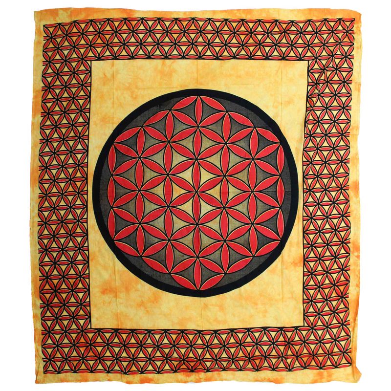 Doppelte Tagesdecke aus Baumwolle + Wandbehang - Blume des Lebens - Orange