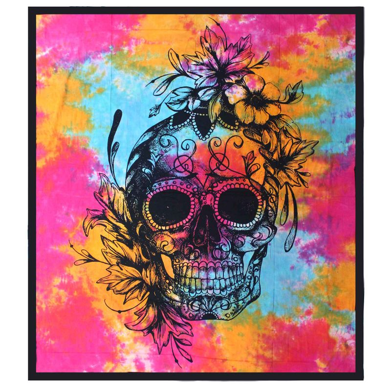 Doppelte Tagesdecke aus Baumwolle + Wandbehang – Totenkopf zum Tag der Toten