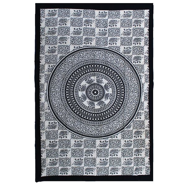 Einzel-Tagesdecke aus Baumwolle + Wandbehang – Mono – Elefanten-Mandala