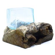 Gesprungener Glasbehälter, geblasen auf Holz