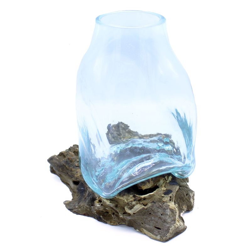Große mundgeblasene Glasvase – Terrarientopf auf Holz