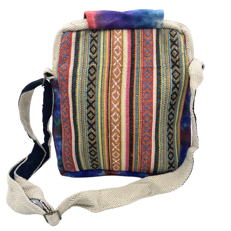Batik-Hanf-Umhängetasche mit 2 Reißverschlüssen und Klappfunktion