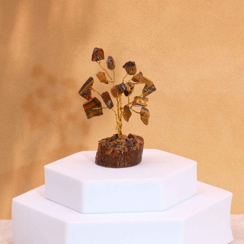 Mini-Edelsteinbäume auf Holzsockel – Tigerauge (15 Steine)
