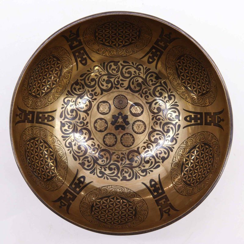 Tibetische Heilschale mit Gravur – 21 cm – 7 Chakra und Blume des Lebens