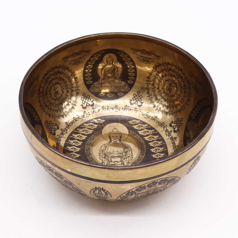 Tibetische Heilschale mit Gravur – 21 cm – 5 Buddhas