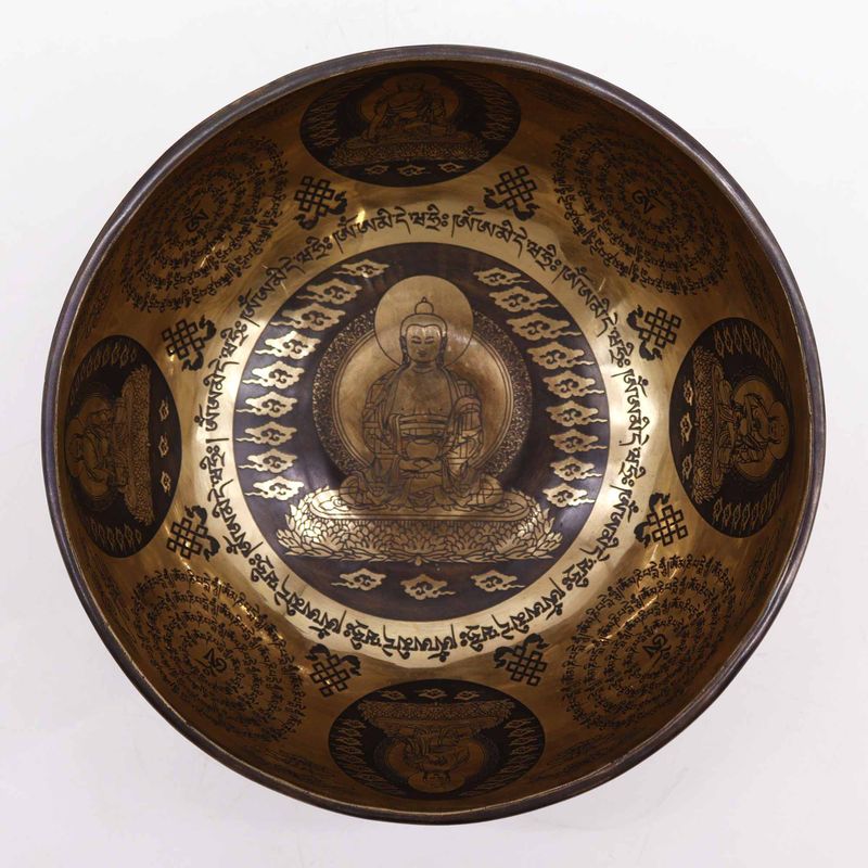 Tibetische Heilschale mit Gravur – 21 cm – 5 Buddhas