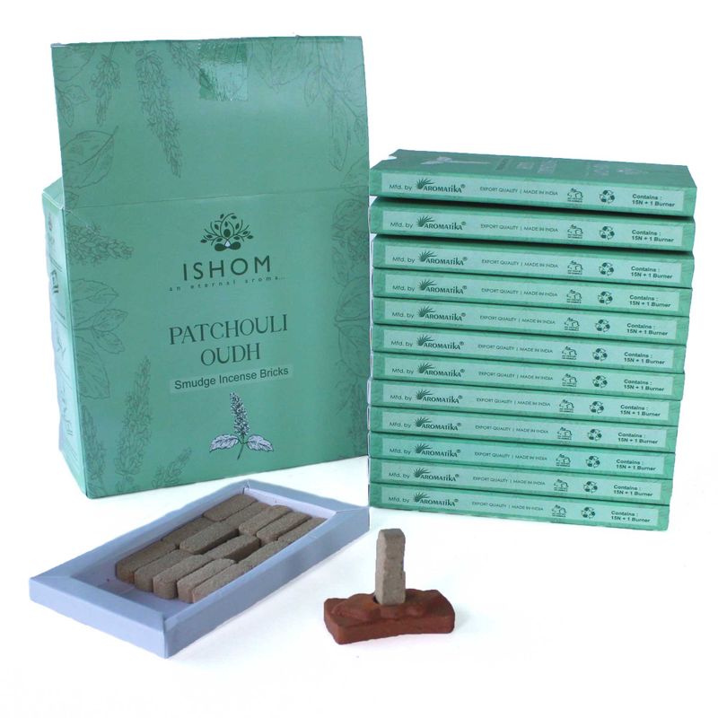 Packung mit 15 natürlichen Räucherstäbchen und Brenner – Patchouli-Holz