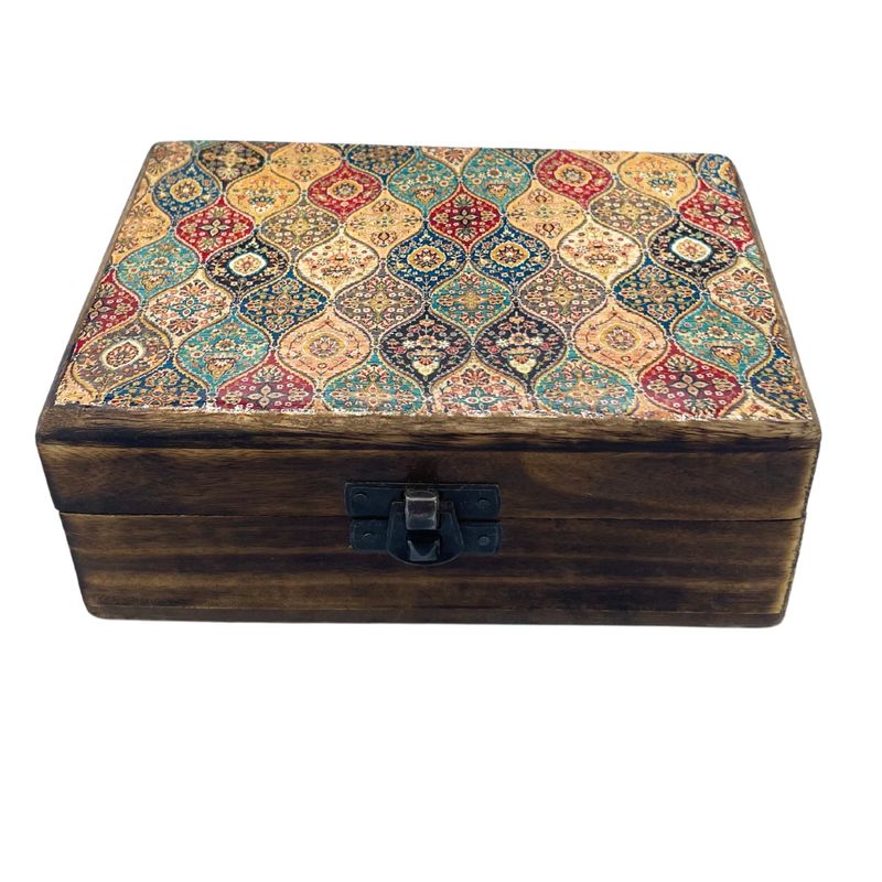 Mittelgroße Holzkiste mit Keramikglasur – 15 x 10 x 6 cm – traditionelles Muster