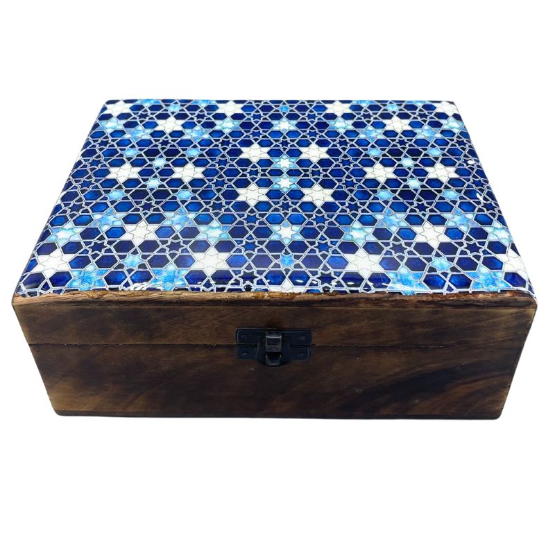 Große Holzkiste mit Keramikglasur - 20x15x7.5cm - Blue Stars