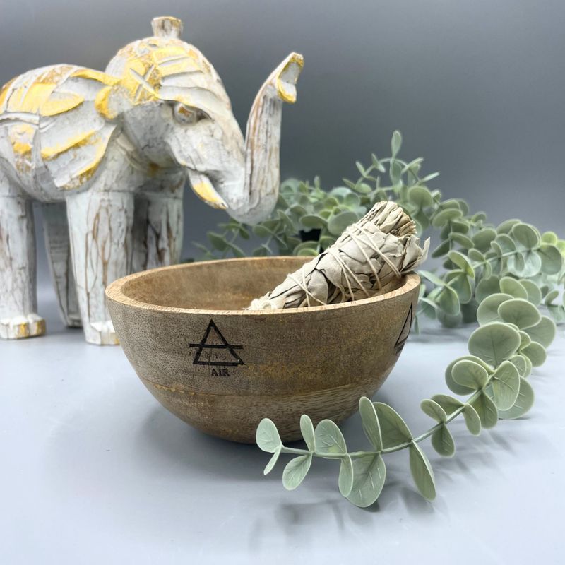 Holzschale für Räucher- und Ritualopfer – Vier Elemente – 13 x 7 cm