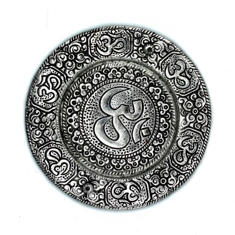 Polierter Om-Räucherstäbchenhalter aus Aluminium, rund, 11 cm