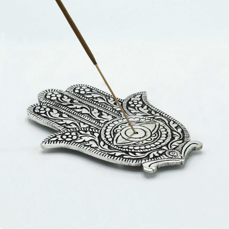 Hamsa-Räucherstäbchenhalter aus poliertem Aluminium, 14 cm