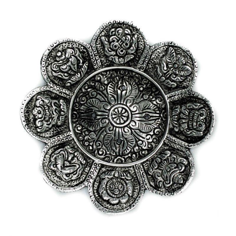 Polierter Aluminium-Räucherstäbchenhalter mit tibetischen Symbolen, 12 cm