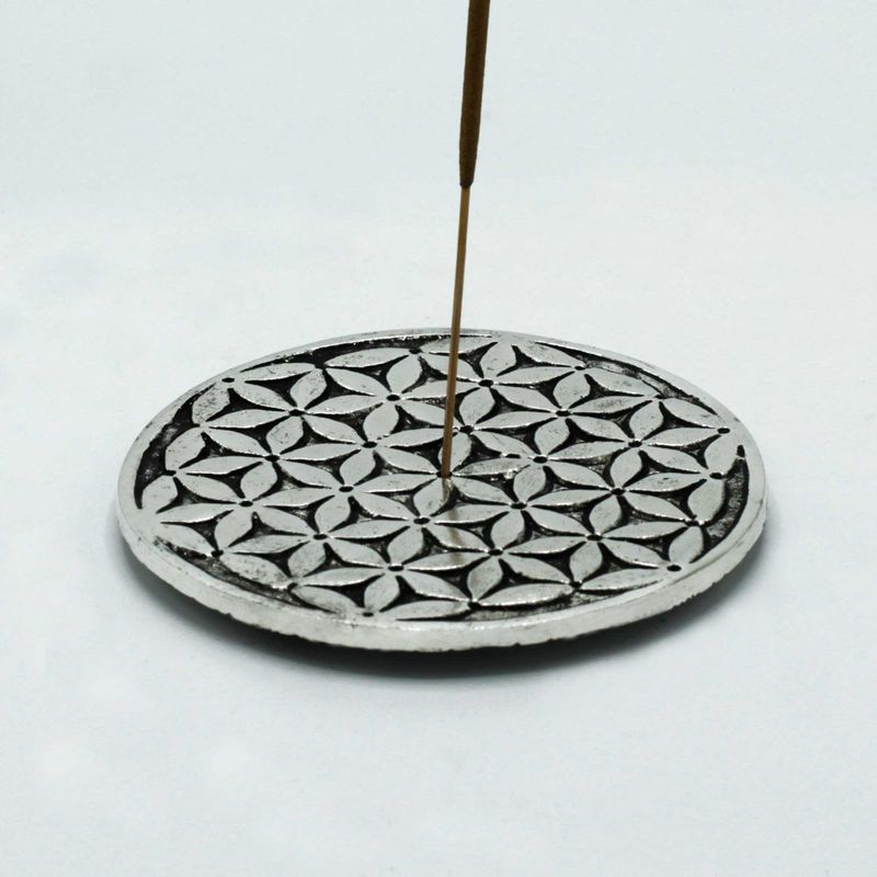 Räucherstäbchenhalter „Blume des Lebens“ aus poliertem Aluminium, 11 cm