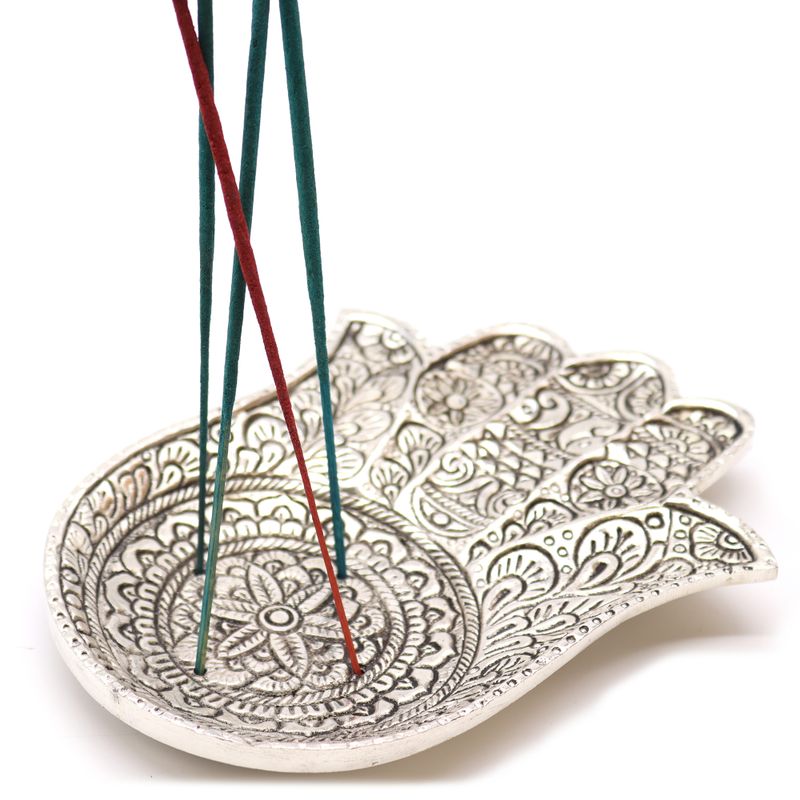 Großer Räucherstäbchenhalter Hamsa aus poliertem Aluminium, 18 x 13 cm