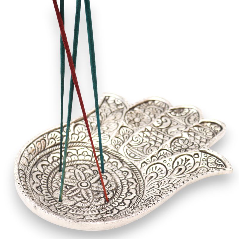 Großer Räucherstäbchenhalter Hamsa aus poliertem Aluminium, 18 x 13 cm