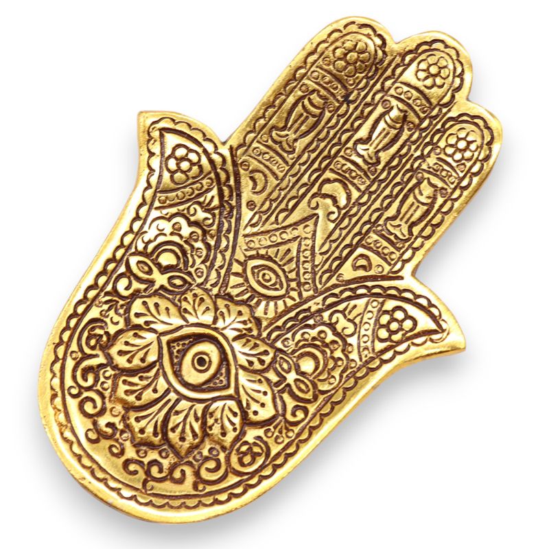 Kleiner Hamsa-Räucherstäbchenhalter aus goldenem Aluminium, 13 x 5,5 cm