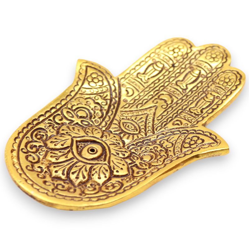 Kleiner Hamsa-Räucherstäbchenhalter aus goldenem Aluminium, 13 x 5,5 cm