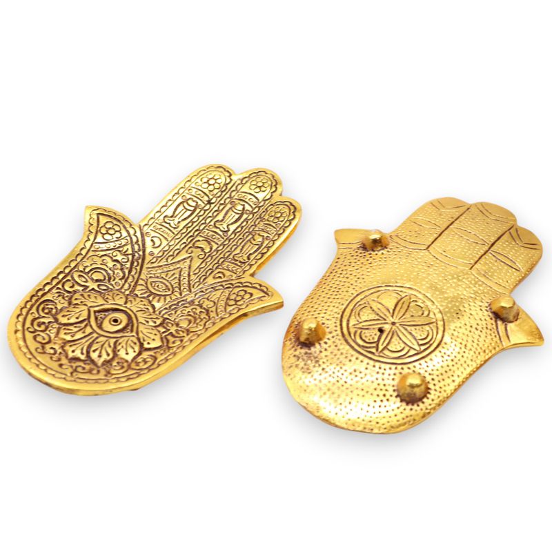 Kleiner Hamsa-Räucherstäbchenhalter aus goldenem Aluminium, 13 x 5,5 cm
