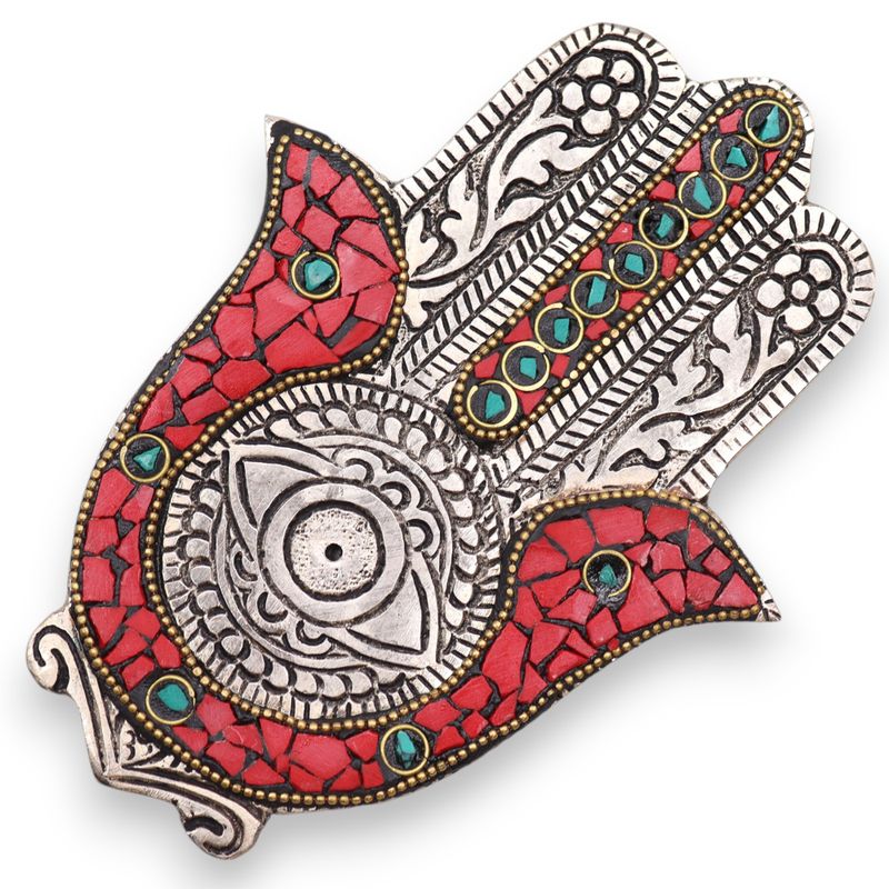 Kleiner Hamsa-Räucherstäbchenhalter in Rot und Grün, 13 x 5,5 cm