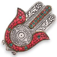 Kleiner Hamsa-Räucherstäbchenhalter in Rot und Grün, 13 x 5,5 cm