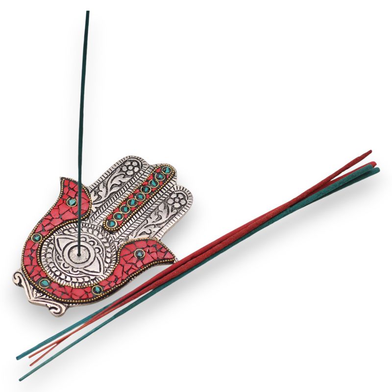 Kleiner Hamsa-Räucherstäbchenhalter in Rot und Grün, 13 x 5,5 cm