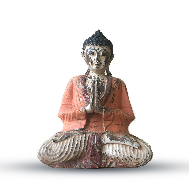Vintage Orange handgeschnitzte Buddha-Statue – 30 cm – Willkommen