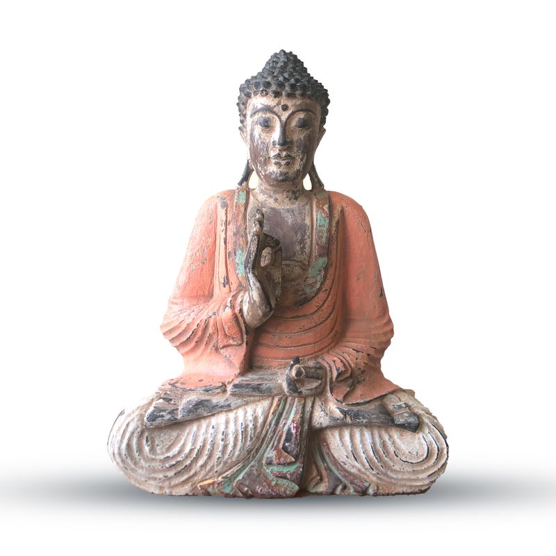 Vintage Orange handgeschnitzte Buddha-Statue – 40 cm – Lehrübertragung