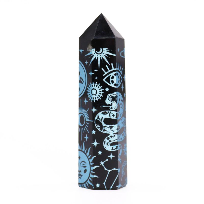 Schwarze Obsidianspitzen (ca. 60–70 g, 9 cm) – Mystic Story – Himmelblau