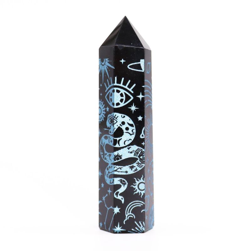 Schwarze Obsidianspitzen (ca. 60–70 g, 9 cm) – Mystic Story – Himmelblau