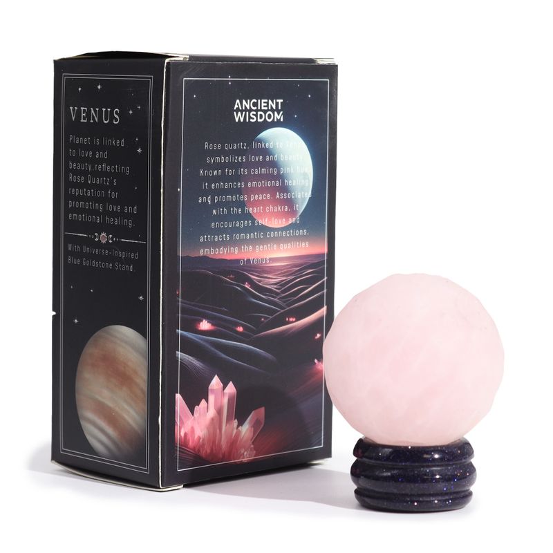 Rosenquarz-Planet auf einem Sola-Goldfluss-Ständer – 40 mm