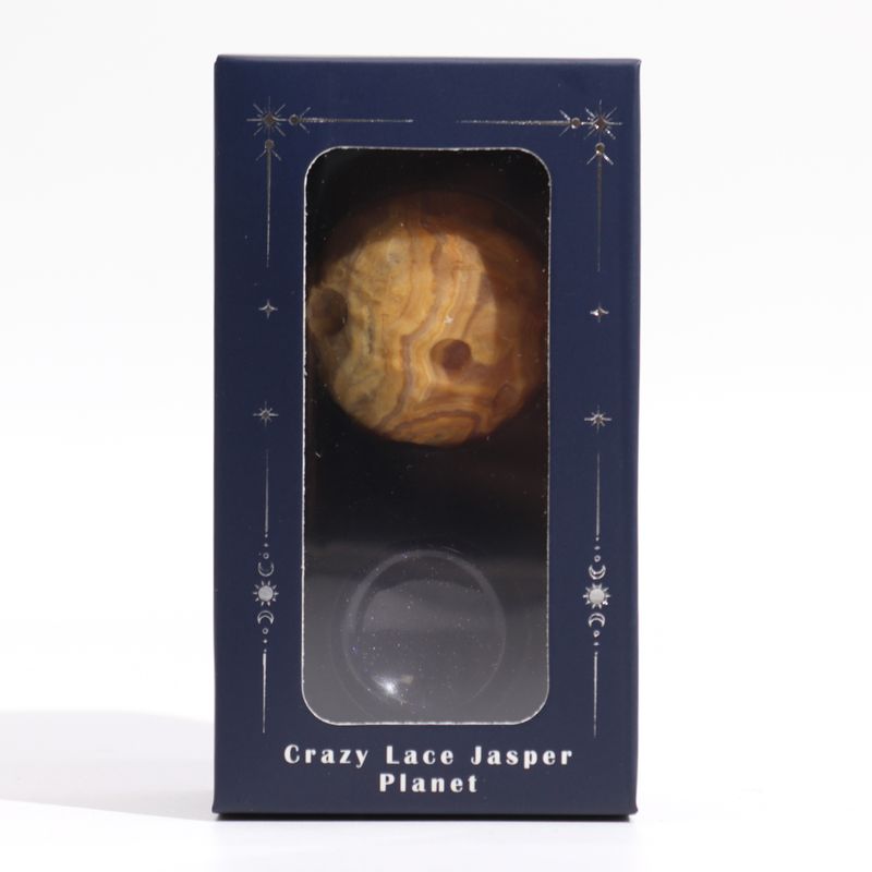 Crazy Lace Jasper Planet auf einem Sola Goldstone-Ständer – 40 mm (30 x 15 mm Ständer)