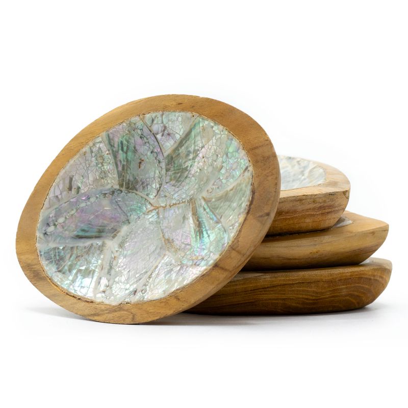 4er-Set Teak-Minischalen mit Muscheldekor (sortiert)