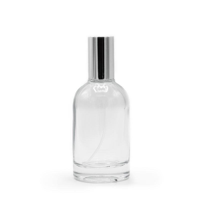 Runde, klobige Flasche, 50 ml, silbernes Spray und Kappe