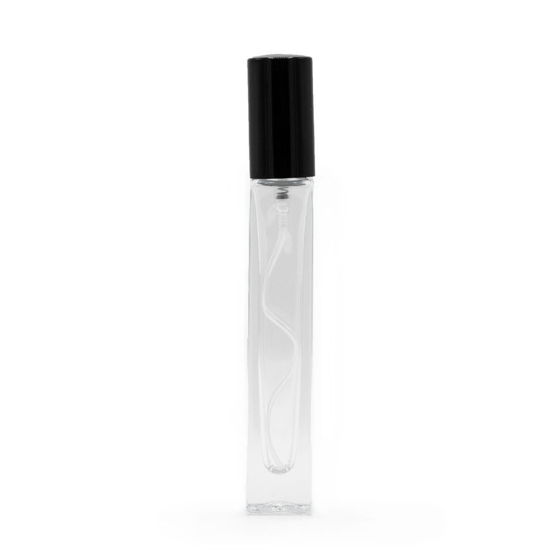 10 ml quadratische, hohe, schlanke Flasche, schwarzer Zerstäuber und Deckel