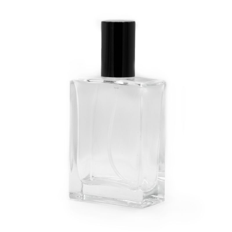 Quadratische, klobige Flasche, 50 ml, schwarzer Zerstäuber und Deckel