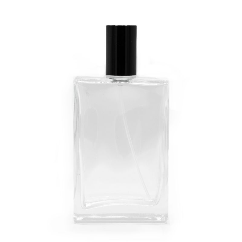 Quadratische, klobige Flasche, 100 ml, schwarzer Zerstäuber und Deckel