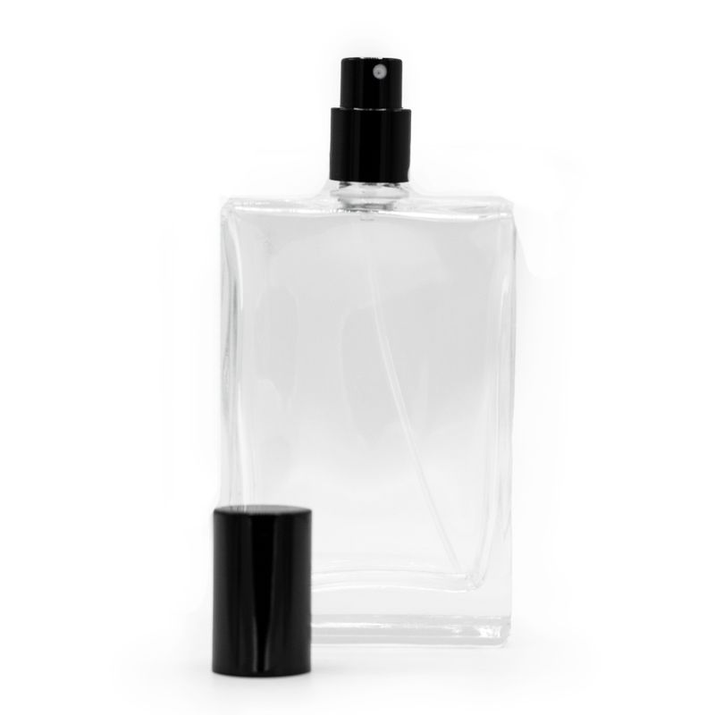 Quadratische, klobige Flasche, 100 ml, schwarzer Zerstäuber und Deckel