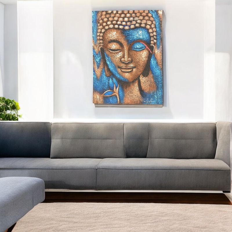 Buddha-Gemälde – Bronze und blaue Blume