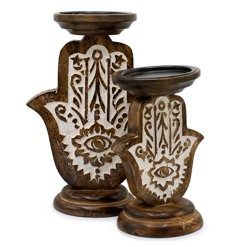 Kerzenständer aus Mangoholz - Hamsa - Groß 25x18cm