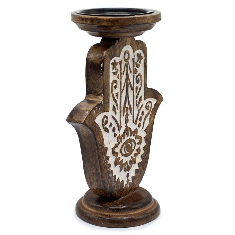 Kerzenständer aus Mangoholz - Hamsa - Groß 25x18cm
