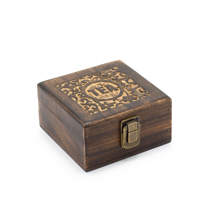 Teebox mit Mangoschnitzerei (4 Fächer) – 15 x 15 x 8 cm