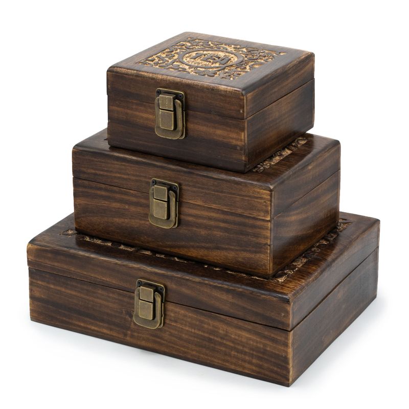 Teebox mit Mangoschnitzerei - (9 Fächer) 23 x 15 x 9,5 cm